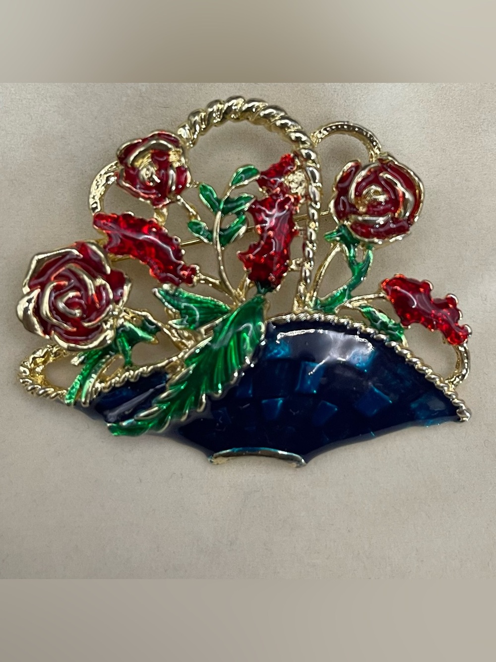Vintage Gold Tone Red Enamel Rose Flower Basket Brooch Pin